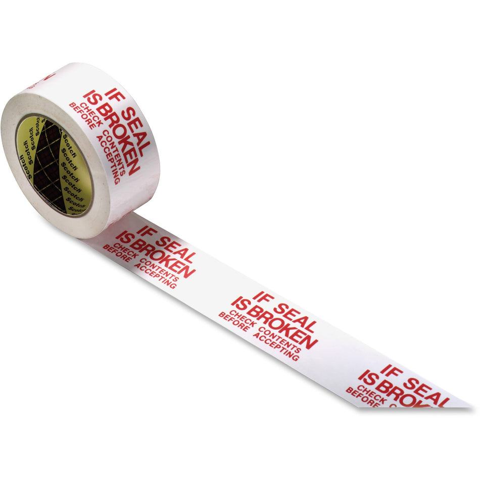 Scotch Preprinted Message Seal Broken Tape - 109.36 yd Length x 1.88" Width - 3" Core - White, Red - 1.20 mil - Polypropylene Film Backing - For Sealing - 1 Roll
