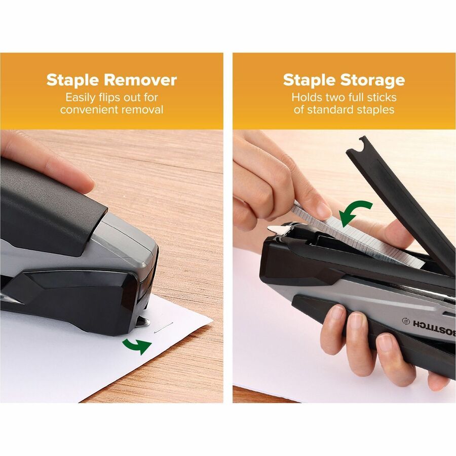 Bostitch InPower Spring-Powered Antimicrobial Desktop Stapler - Staples Upto 20 Sheet - Holds Upto 210 Staple - Full Strip - 4.50" Throat Depth - Silver, Black - Rubber - 1 Each