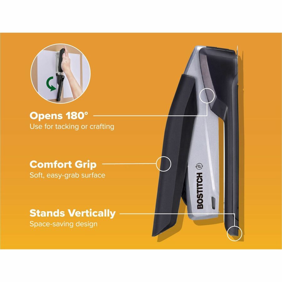Bostitch InPower Spring-Powered Antimicrobial Desktop Stapler - Staples Upto 20 Sheet - Holds Upto 210 Staple - Full Strip - 4.50" Throat Depth - Silver, Black - Rubber - 1 Each