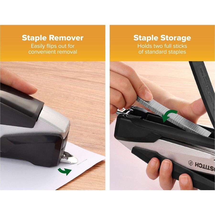 Bostitch InPower Spring-Powered Antimicrobial Desktop Stapler - Staples Upto 28 Sheet - Holds Upto 210 Staple - Full Strip - 4.50" Throat Depth - Silver, Black - Rubber, Die-cast Metal, Metal - 1 Each