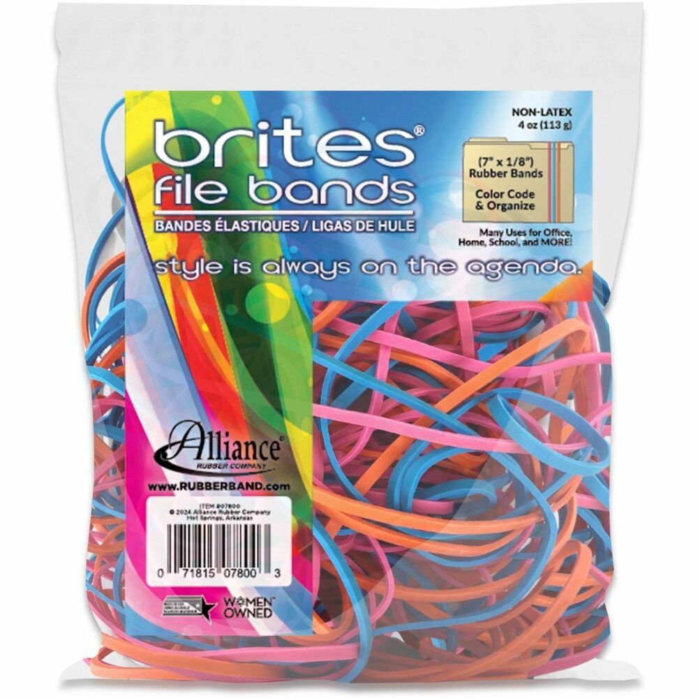 Alliance Rubber Brites File Bands - Size: #117B - 7" Length x 0.1" Width - Reusable, Elastic, Stretchable, Latex-free, Freezer Safe, Microwave Safe, Durable - Pink, Blue, Orange - 50 / Pack