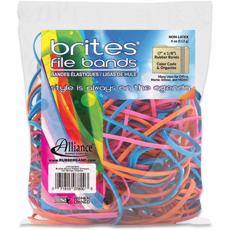 Alliance Rubber Brites File Bands - Size: #117B - 7" Length x 0.1" Width - Reusable, Elastic, Stretchable, Latex-free, Freezer Safe, Microwave Safe, Durable - Pink, Blue, Orange - 50 / Pack