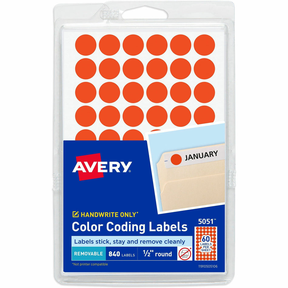 Avery®  Color-Coding Labels - 1/2" Diameter - Removable Adhesive - Round - Red - Paper - Self-adhesive - 60 / Sheet - 840 / Pack