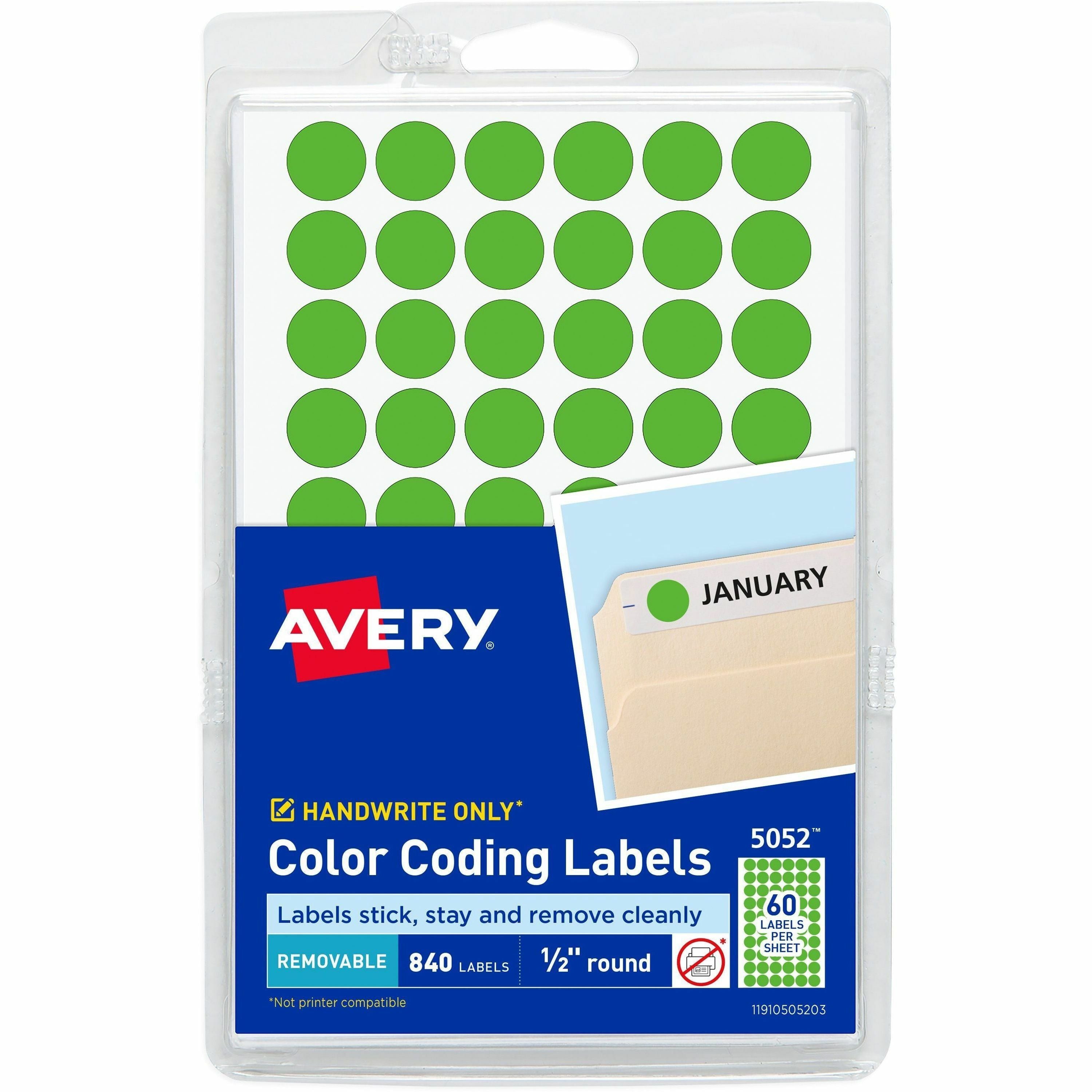 Avery®  Color-Coding Labels - 1/2" Diameter - Removable Adhesive - Round - Neon Green - Paper - Self-adhesive - 60 / Sheet - 840 / Pack