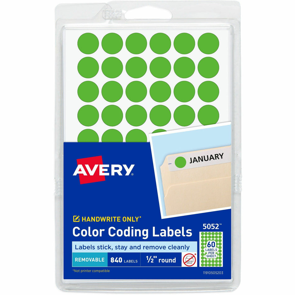 Avery®  Color-Coding Labels - 1/2" Diameter - Removable Adhesive - Round - Neon Green - Paper - Self-adhesive - 60 / Sheet - 840 / Pack
