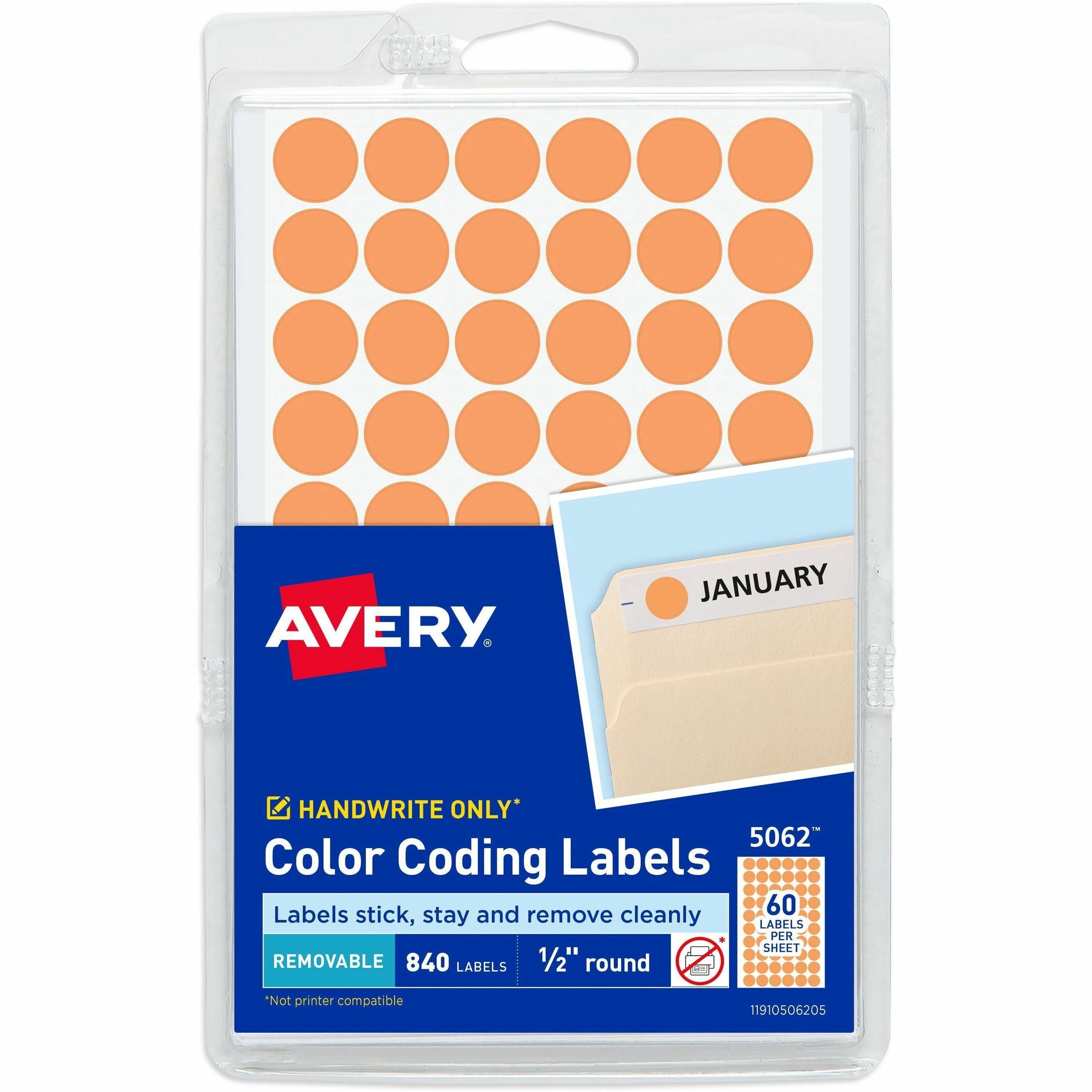 Avery®  Color-Coding Labels - 1/2" Diameter - Removable Adhesive - Round - Orange - Paper - Self-adhesive - 60 / Sheet - 840 / Pack