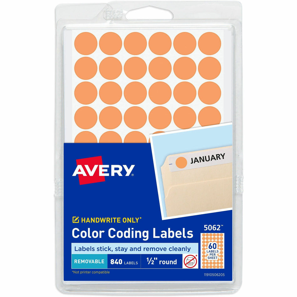 Avery®  Color-Coding Labels - 1/2" Diameter - Removable Adhesive - Round - Orange - Paper - Self-adhesive - 60 / Sheet - 840 / Pack