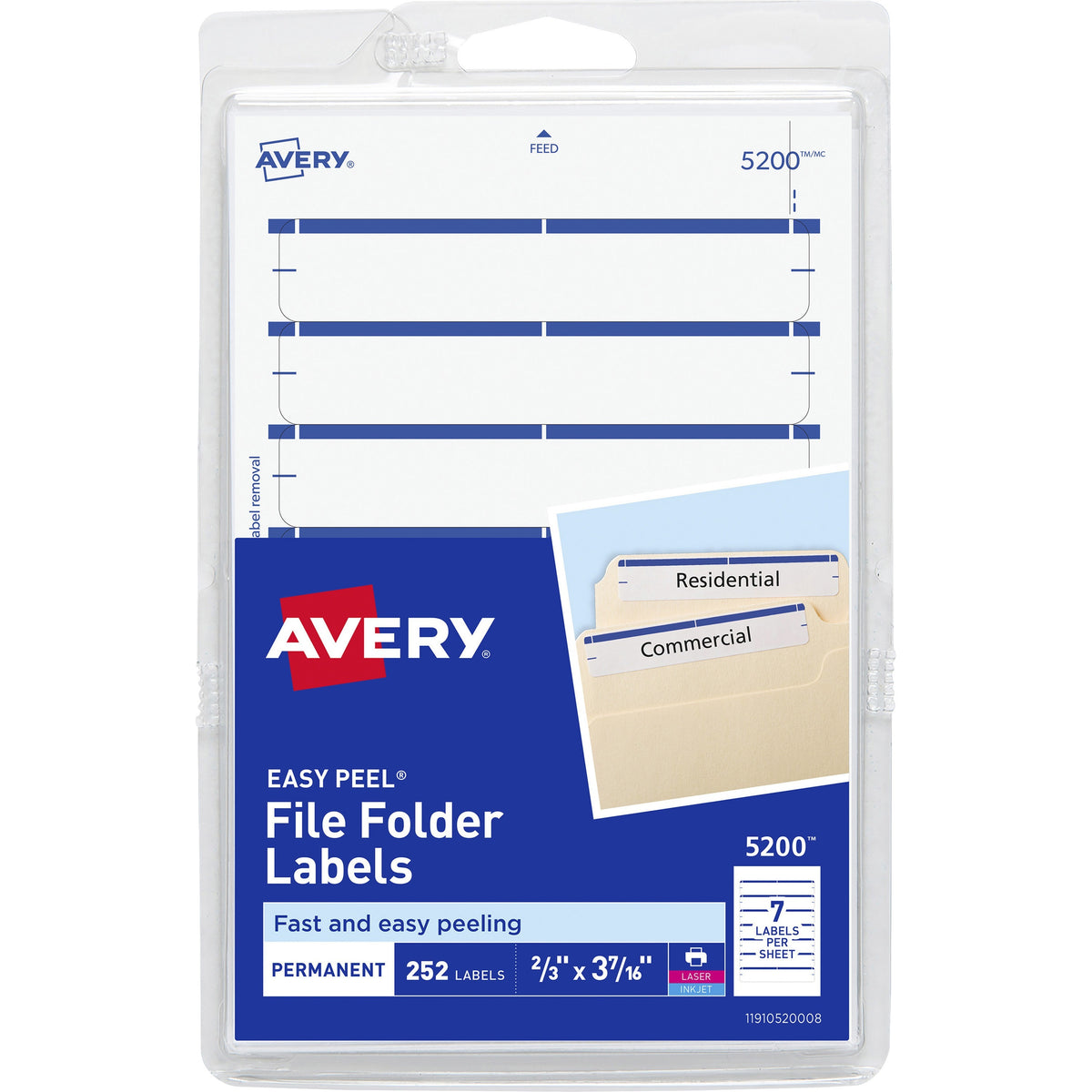 Avery®  Permanent File Folder Labels - 11/16" Width x 3 7/16" Length - Permanent Adhesive - Rectangle - Laser, Inkjet - Dark Blue - Self-adhesive - 7 / Sheet - 252 / Pack
