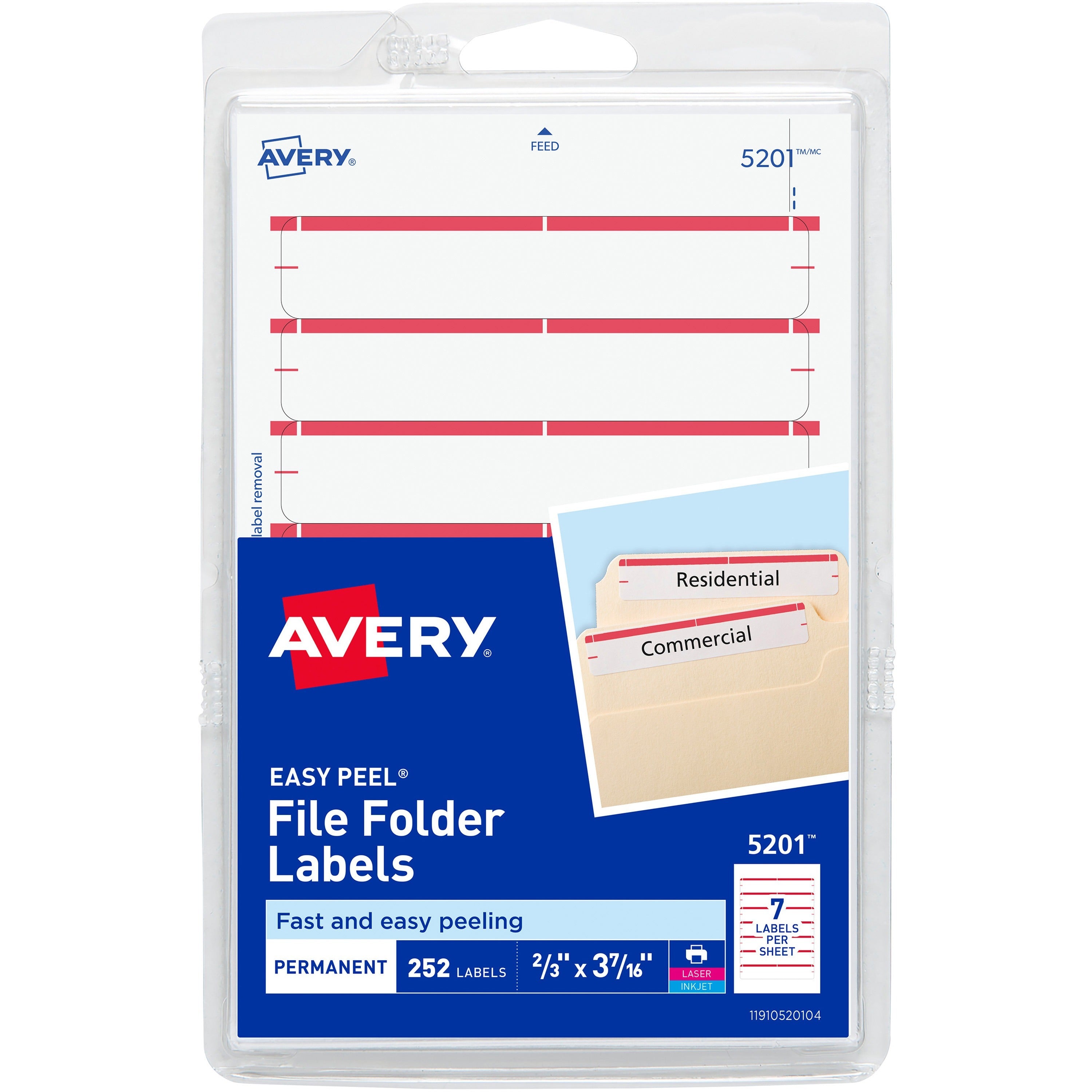 Avery®  Permanent File Folder Labels - 11/16" Width x 3 7/16" Length - Permanent Adhesive - Rectangle - Laser, Inkjet - Dark Red - Self-adhesive - 7 / Sheet - 252 / Pack