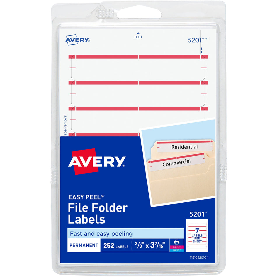 Avery®  Permanent File Folder Labels - 11/16" Width x 3 7/16" Length - Permanent Adhesive - Rectangle - Laser, Inkjet - Dark Red - Self-adhesive - 7 / Sheet - 252 / Pack