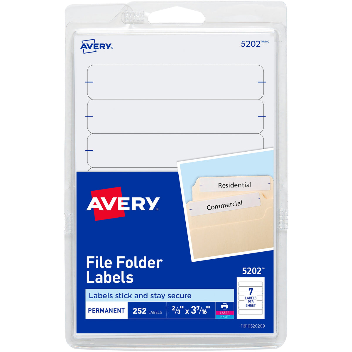 Avery®  Permanent File Folder Labels - 11/16" Width x 3 7/16" Length - Permanent Adhesive - Rectangle - Laser, Inkjet - White - Self-adhesive - 7 / Sheet - 252 / Pack
