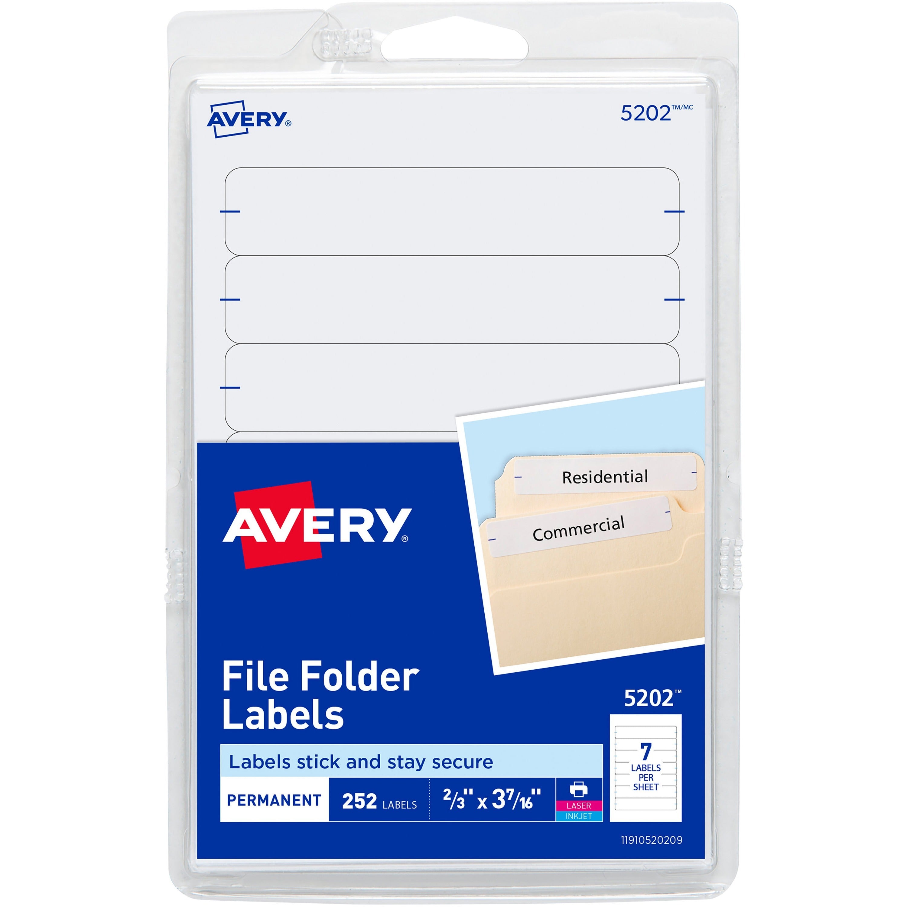 Avery®  Permanent File Folder Labels - 11/16" Width x 3 7/16" Length - Permanent Adhesive - Rectangle - Laser, Inkjet - White - Self-adhesive - 7 / Sheet - 252 / Pack