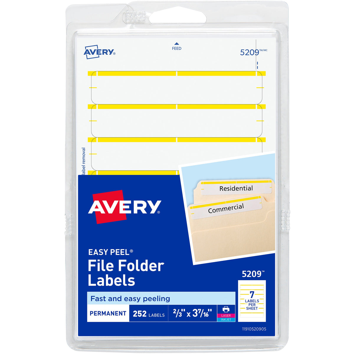 Avery®  Permanent File Folder Labels - 11/16" Width x 3 7/16" Length - Permanent Adhesive - Rectangle - Laser, Inkjet - Yellow - Self-adhesive - 7 / Sheet - 252 / Pack