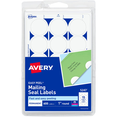 Avery®  Mailing Seals, Permanent, 1" Diameter, 600 Labels (5247) - Matte - Permanent Adhesive, Laminated, Moisture Resistant, Water Resistant - White - 600 / Pack