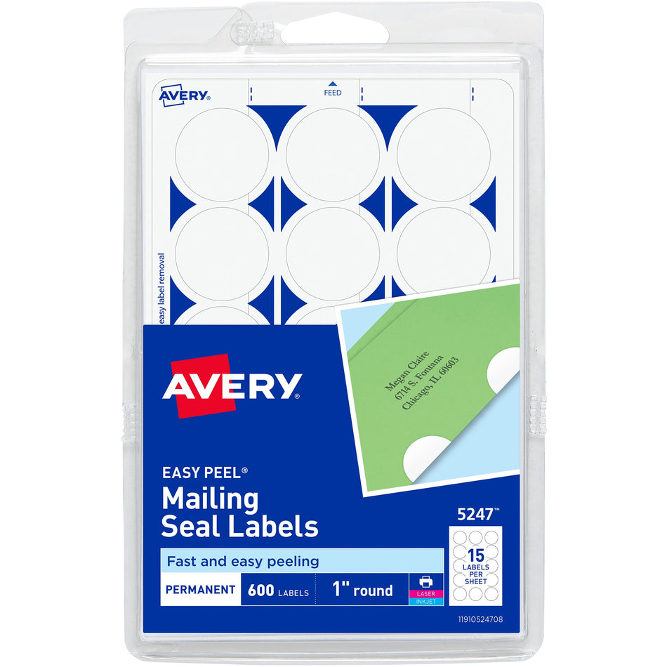 Avery®  Mailing Seals, Permanent, 1" Diameter, 600 Labels (5247) - Matte - Permanent Adhesive, Laminated, Moisture Resistant, Water Resistant - White - 600 / Pack