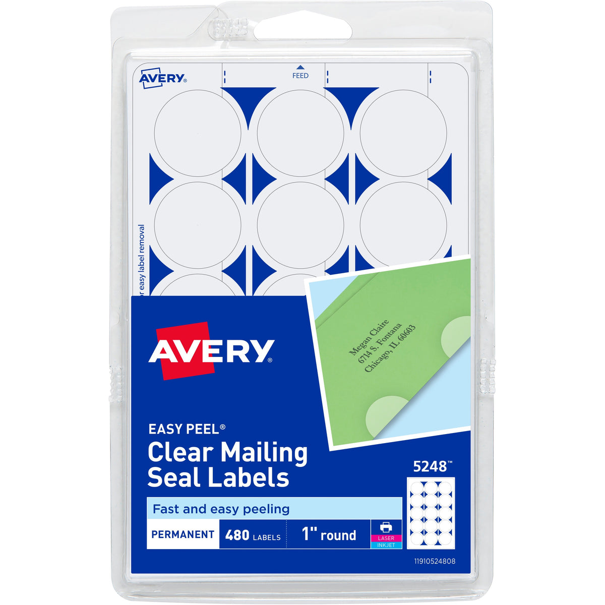 Avery®  Avery Printable Mailing Seals, Clear, 1" Diameter, 480 Labels (5248) - Glossy - Permanent Adhesive, Laminated, Acid-free, Moisture Resistant, Water Resistant - Clear - 480 / Pack
