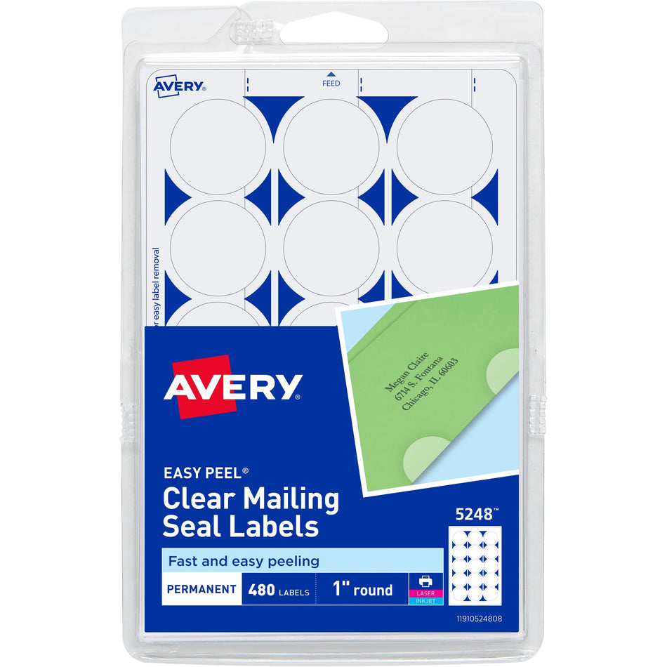 Avery®  Avery Printable Mailing Seals, Clear, 1" Diameter, 480 Labels (5248) - Glossy - Permanent Adhesive, Laminated, Acid-free, Moisture Resistant, Water Resistant - Clear - 480 / Pack