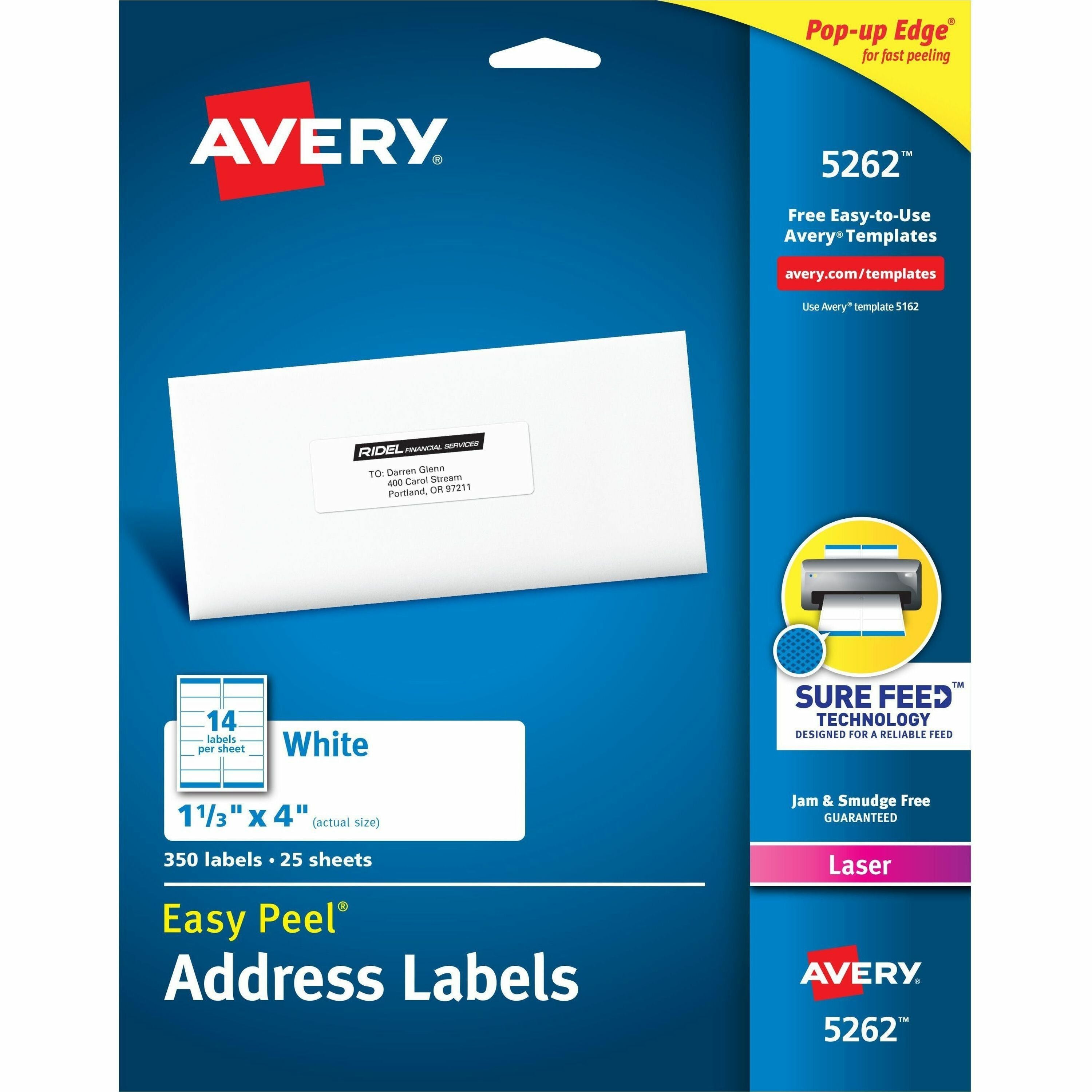 Avery®  Easy Peel Mailing Laser Labels - 1 21/64" Width x 4" Length - Permanent Adhesive - Rectangle - Laser - White - Paper - 14 / Sheet - 25 Total Sheets - 350 Total Label(s) - 350 / Pack