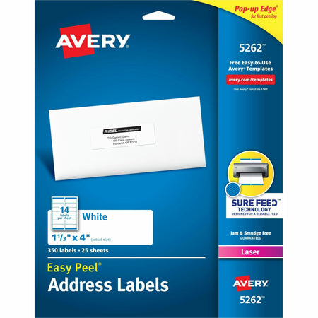 Avery®  Easy Peel Mailing Laser Labels - 1 21/64" Width x 4" Length - Permanent Adhesive - Rectangle - Laser - White - Paper - 14 / Sheet - 25 Total Sheets - 350 Total Label(s) - 350 / Pack