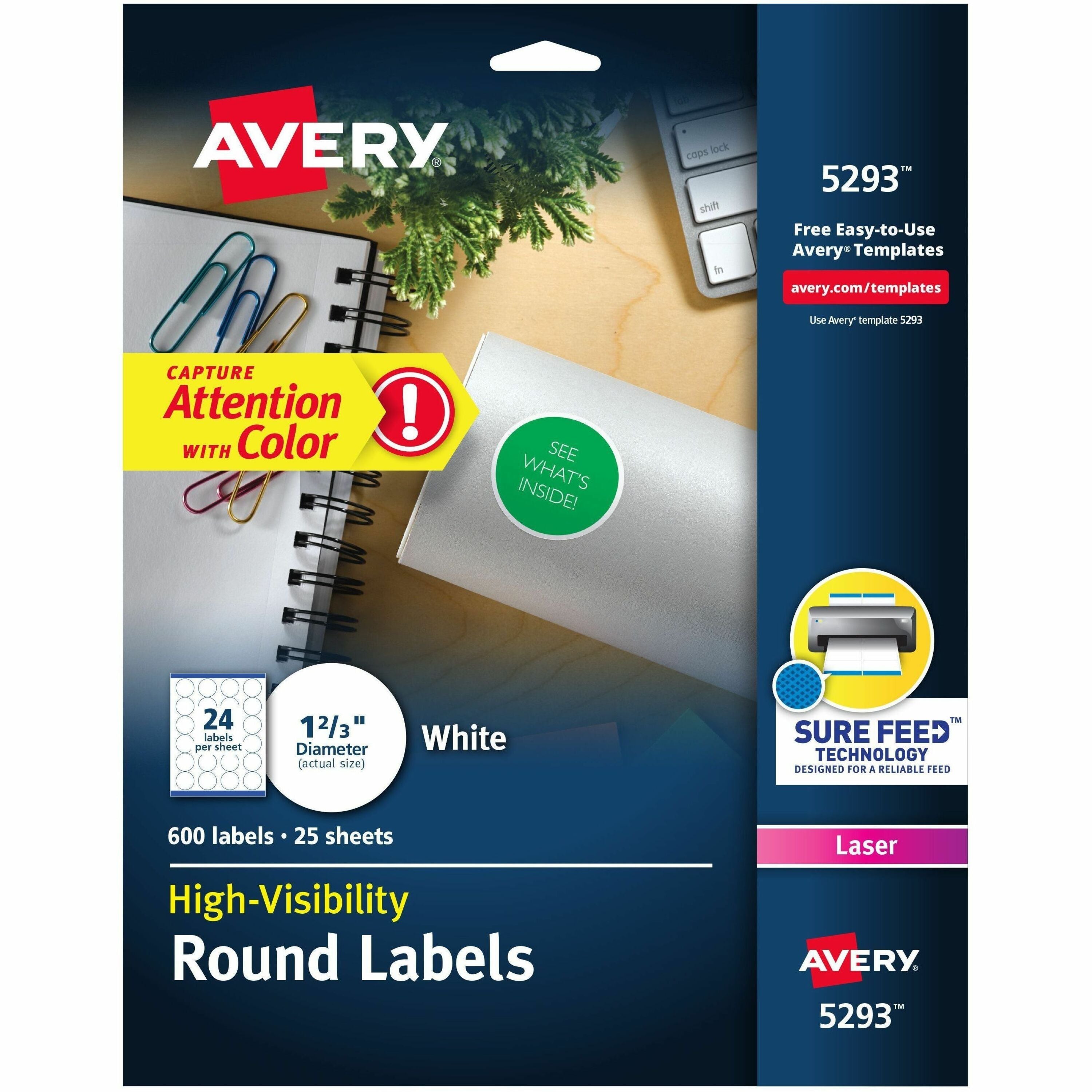 Avery®  Round High Visibility Labels - 1 21/32" Diameter - Permanent Adhesive - Round - Inkjet, Laser - White - Paper - 24 / Sheet - 25 Total Sheets - 600 Total Label(s) - 600 / Pack