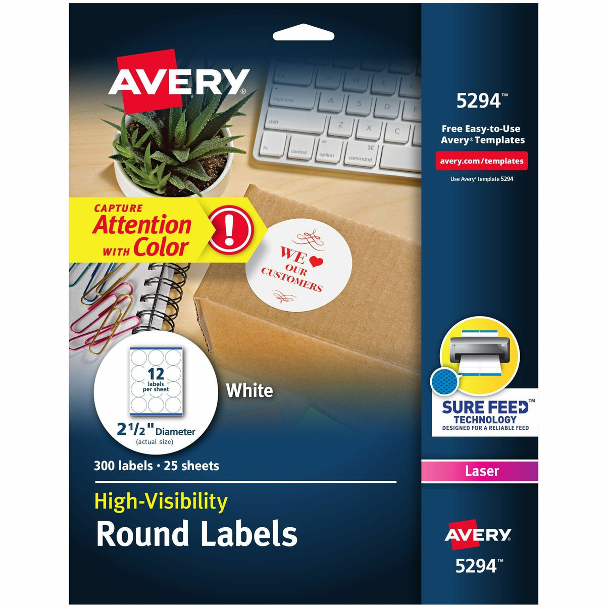 Avery®  Round High Visibility Labels - 2 1/2" Diameter - Permanent Adhesive - Round - Inkjet, Laser - Matte - White - Paper - Permanent Adhesive, Stick & Stay - 12 / Sheet - 25 Total Sheets - 300 Total Label(s) - 300 / Pack