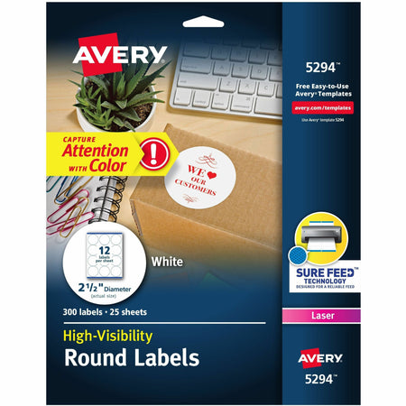 Avery®  Round High Visibility Labels - 2 1/2" Diameter - Permanent Adhesive - Round - Inkjet, Laser - Matte - White - Paper - Permanent Adhesive, Stick & Stay - 12 / Sheet - 25 Total Sheets - 300 Total Label(s) - 300 / Pack