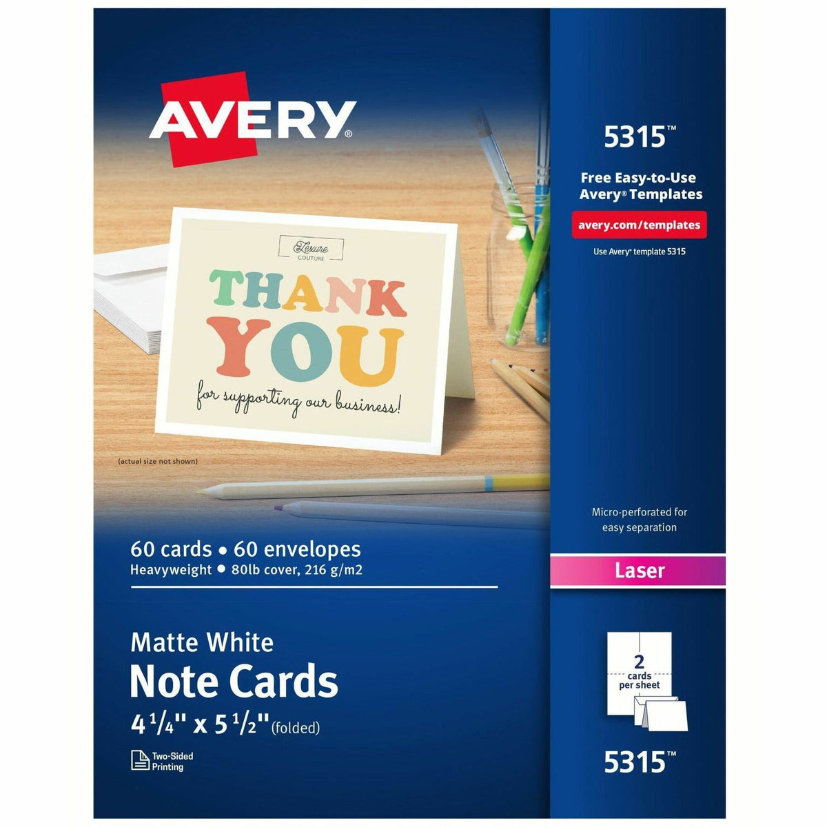 Avery®  Printable Note Cards, Two-Sided Printing, 4-1/4" x 5-1/2" , 60 Cards (5315) - 97 Brightness - 4 1/4" x 5 1/2" - Perforated, Heavyweight, Rounded Corner, Jam-free, Smudge-free - White - 60 / Box