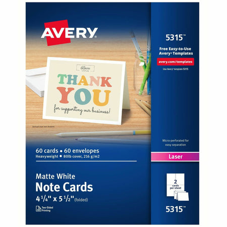 Avery®  Printable Note Cards, Two-Sided Printing, 4-1/4" x 5-1/2" , 60 Cards (5315) - 97 Brightness - 4 1/4" x 5 1/2" - Perforated, Heavyweight, Rounded Corner, Jam-free, Smudge-free - White - 60 / Box