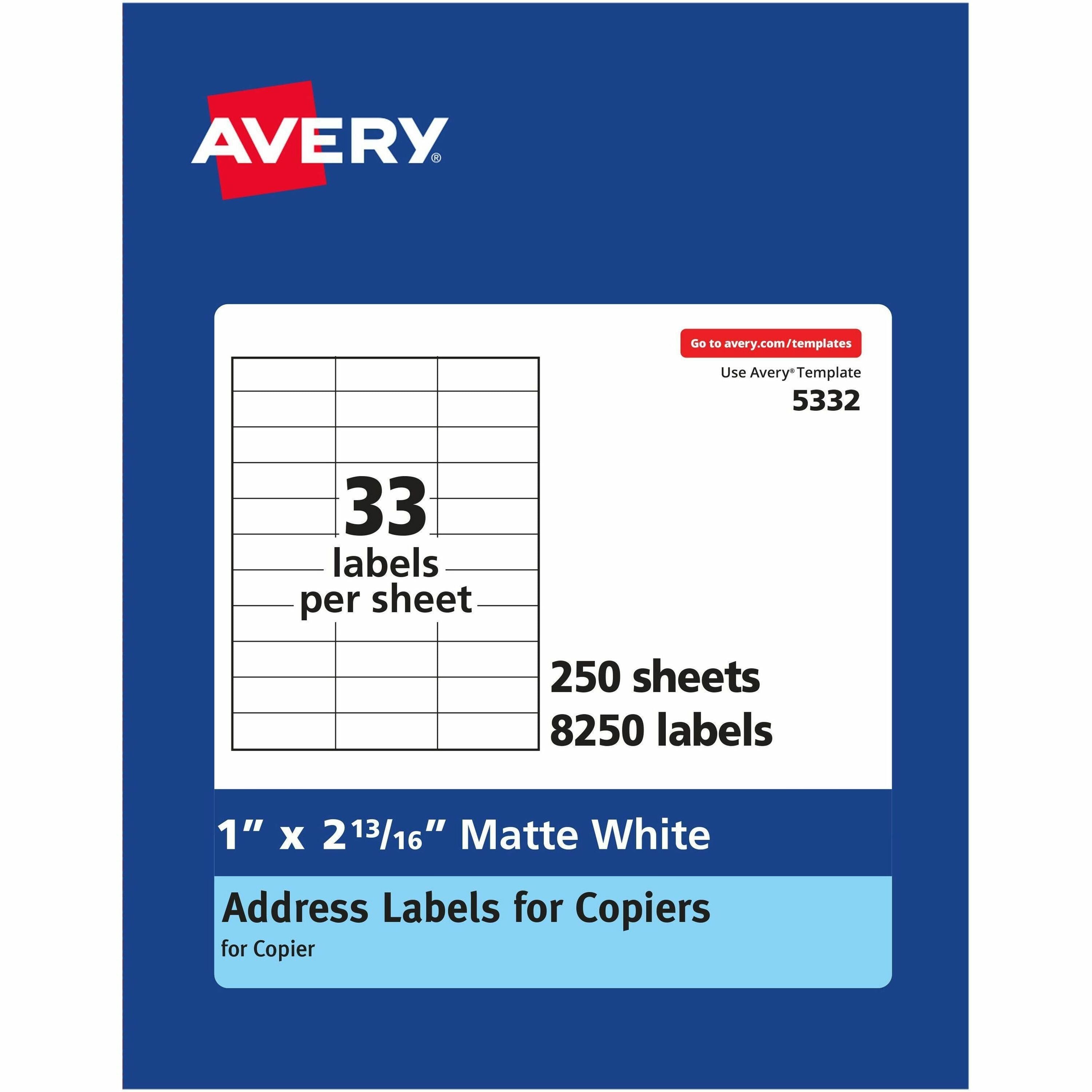 Avery®  Copier Address Labels - 1" Width x 2 3/16" Length - Permanent Adhesive - Rectangle - White - Paper - 33 / Sheet - 250 Total Sheets - 8250 Total Label(s) - 8250 / Box