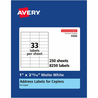 Avery®  Copier Address Labels - 1" Width x 2 3/16" Length - Permanent Adhesive - Rectangle - White - Paper - 33 / Sheet - 250 Total Sheets - 8250 Total Label(s) - 8250 / Box