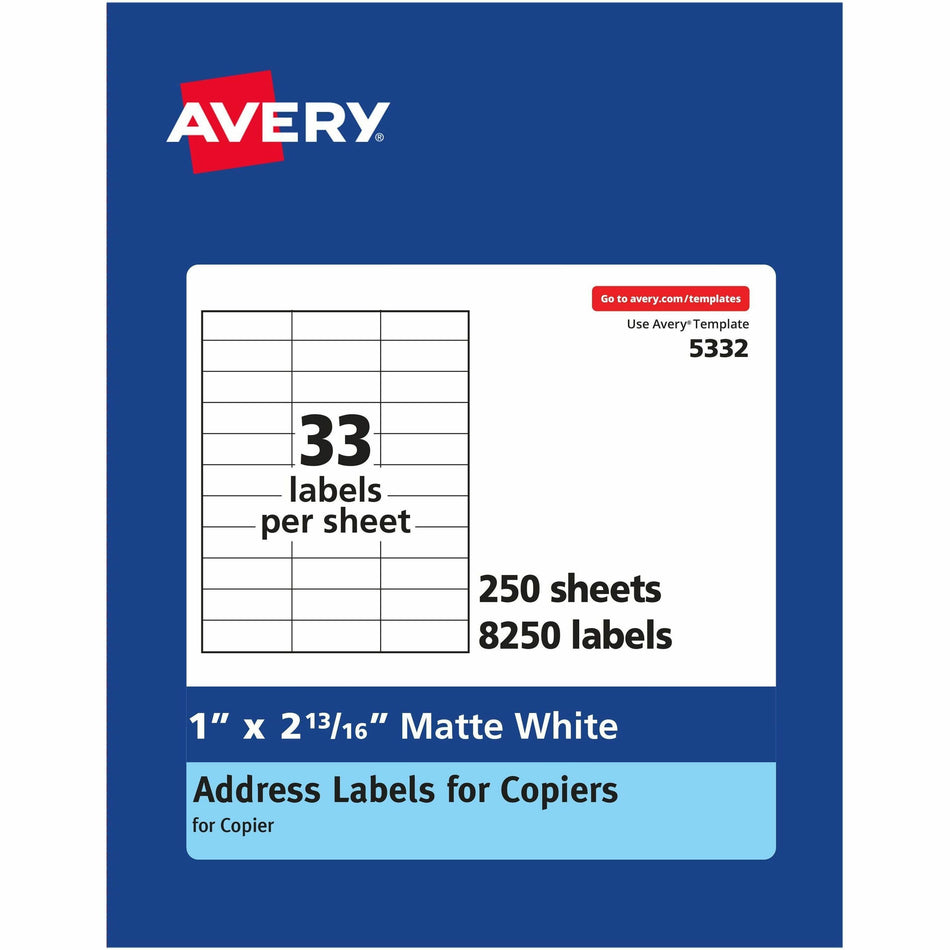 Avery®  Copier Address Labels - 1" Width x 2 3/16" Length - Permanent Adhesive - Rectangle - White - Paper - 33 / Sheet - 250 Total Sheets - 8250 Total Label(s) - 8250 / Box