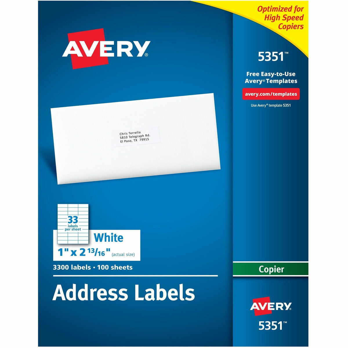 Avery®  Copier Address Labels - 1" Width x 2 13/16" Length - Permanent Adhesive - Rectangle - White - Paper - 33 / Sheet - 100 Total Sheets - 3300 Total Label(s) - 3300 / Box