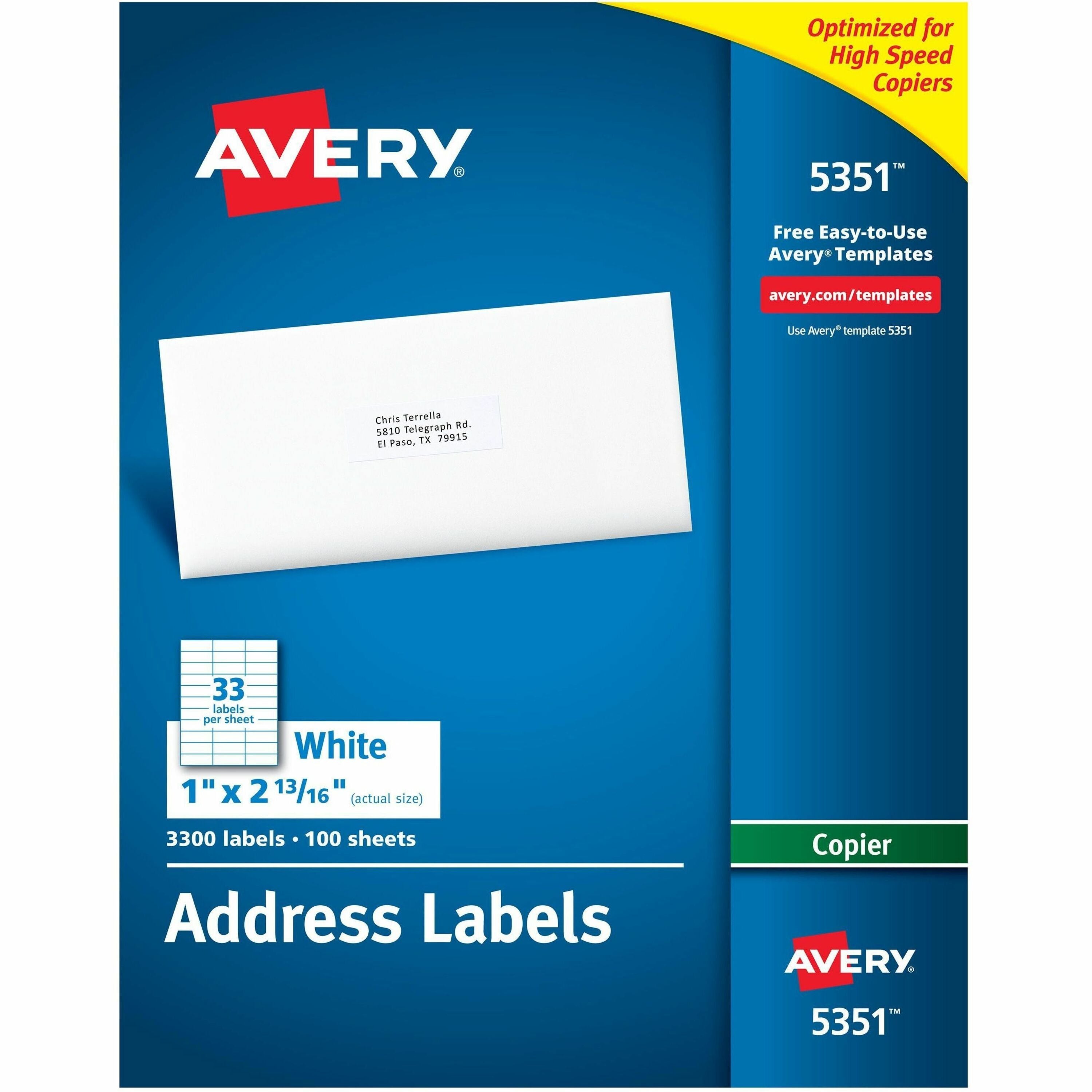 Avery®  Copier Address Labels - 1" Width x 2 13/16" Length - Permanent Adhesive - Rectangle - White - Paper - 33 / Sheet - 100 Total Sheets - 3300 Total Label(s) - 3300 / Box