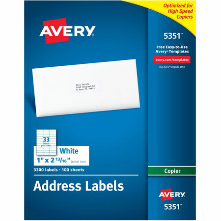 Avery®  Copier Address Labels - 1" Width x 2 13/16" Length - Permanent Adhesive - Rectangle - White - Paper - 33 / Sheet - 100 Total Sheets - 3300 Total Label(s) - 3300 / Box