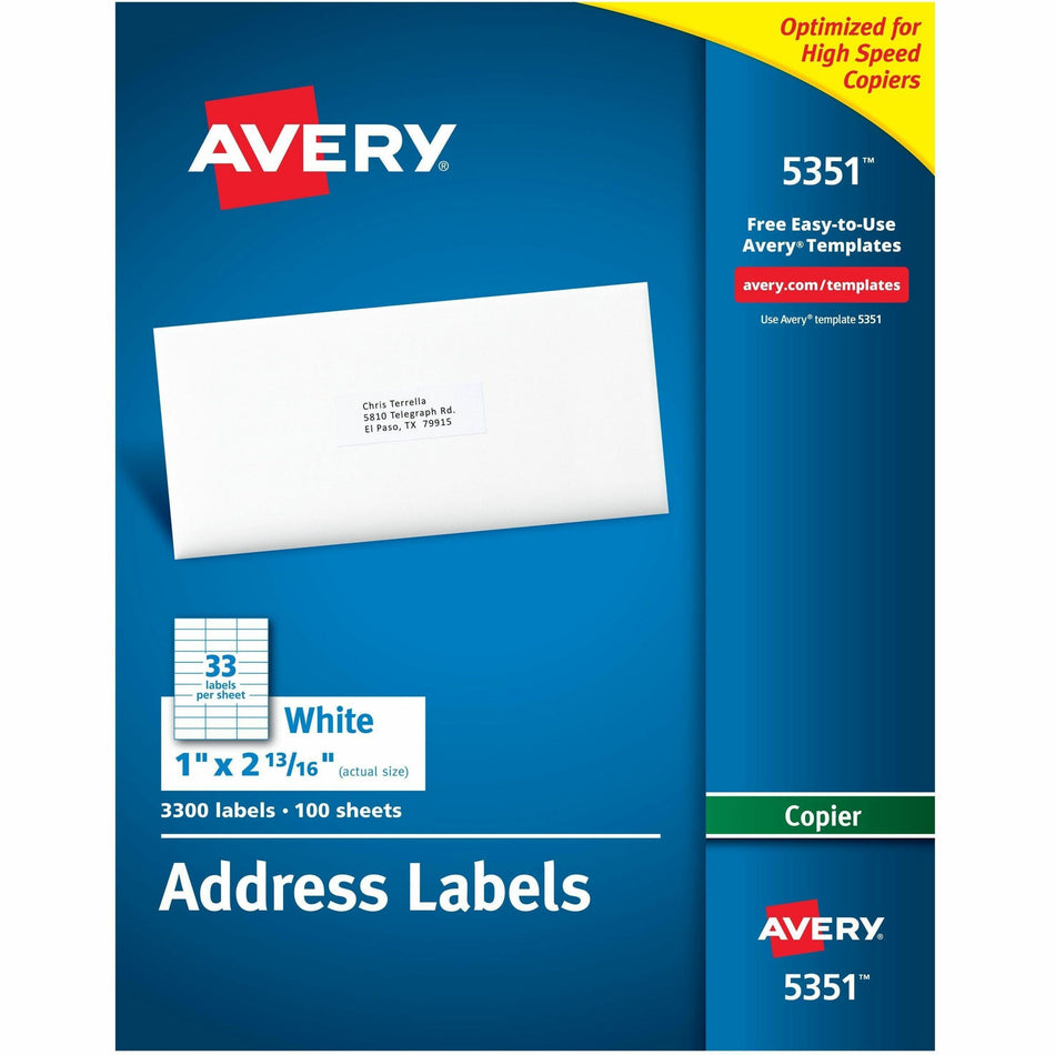 Avery®  Copier Address Labels - 1" Width x 2 13/16" Length - Permanent Adhesive - Rectangle - White - Paper - 33 / Sheet - 100 Total Sheets - 3300 Total Label(s) - 3300 / Box