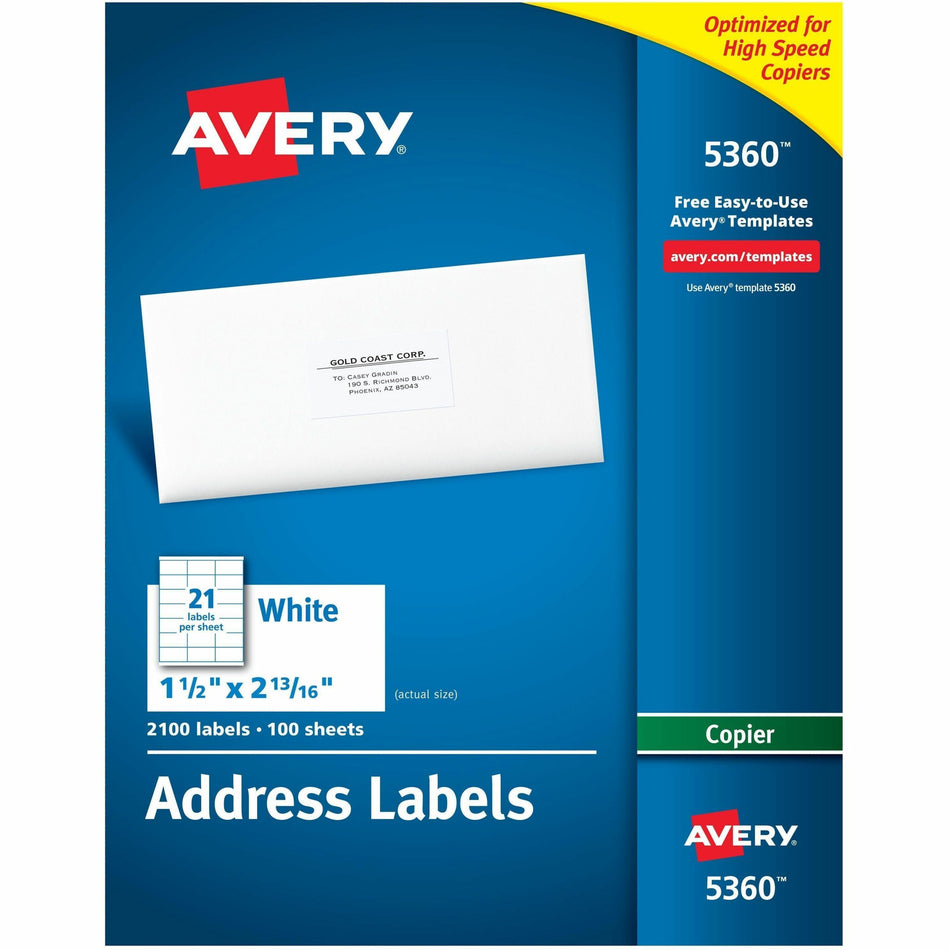Avery®  Copier Address Labels - 1 1/2" Width x 2 13/16" Length - Permanent Adhesive - Rectangle - White - Paper - 21 / Sheet - 100 Total Sheets - 2100 Total Label(s) - 2100 / Box