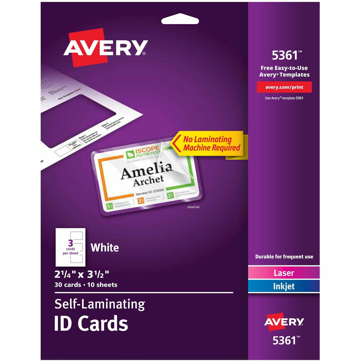 Avery®  Self-laminating ID Cards - 2" Width x 3.3" Height - Self Sticking - Laminated, Perforated, Printable, Durable, Perforated, Self-adhesive - Card, Tile - Card Stock - White - 30 / Pack