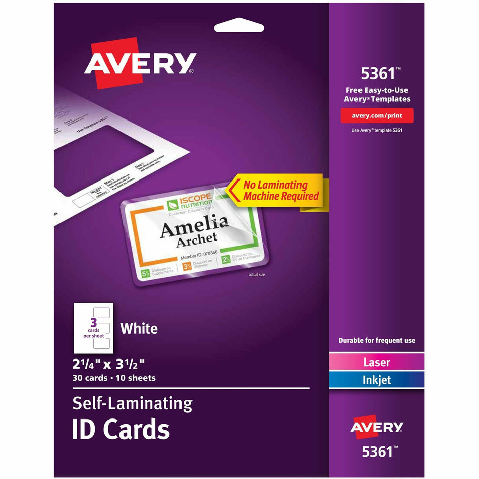 Avery®  Self-laminating ID Cards - 2" Width x 3.3" Height - Self Sticking - Laminated, Perforated, Printable, Durable, Perforated, Self-adhesive - Card, Tile - Card Stock - White - 30 / Pack