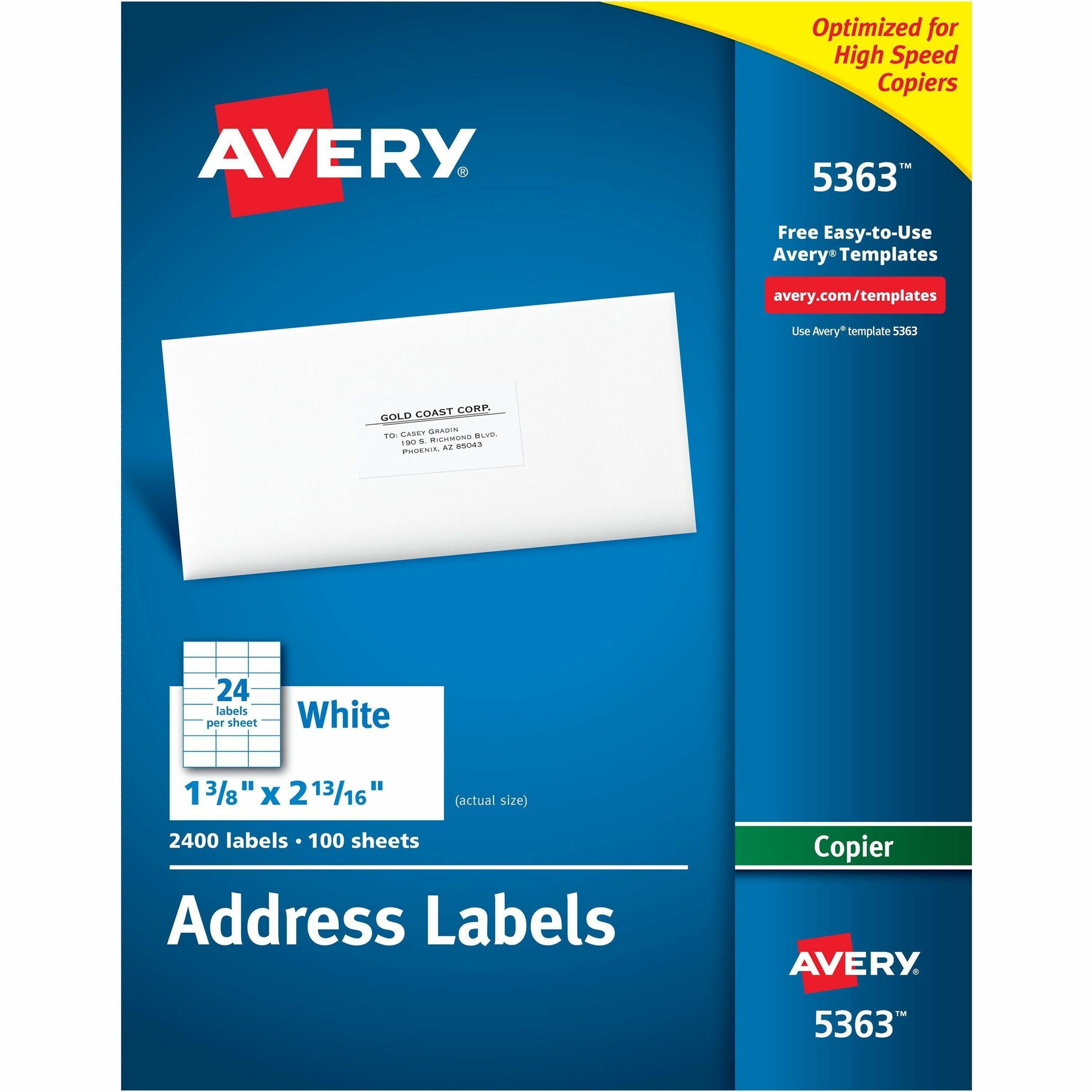 Avery®  Copier Address Labels - 1 3/8" Width x 2 13/16" Length - Permanent Adhesive - Rectangle - White - Paper - 24 / Sheet - 100 Total Sheets - 2400 Total Label(s) - 2400 / Box