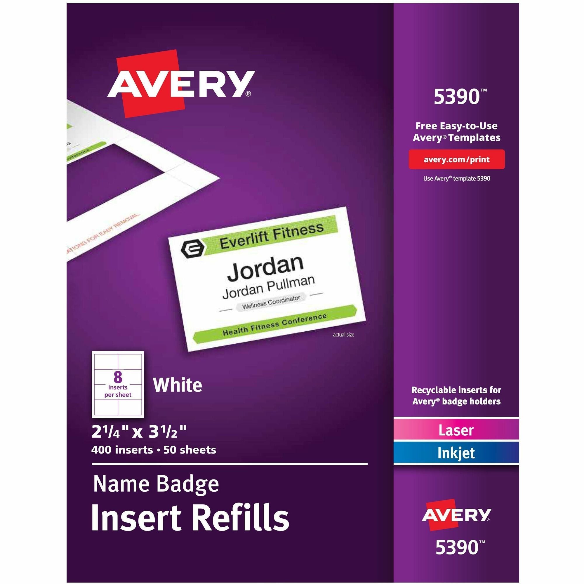 Avery® Laser/Inkjet Badge Insert Refills - x 2 1/4" Width x 3 1/2" Length - Insert - Inkjet, Laser - White - Card Stock - 8 / Sheet - 50 Total Sheets - 400 Total Label(s) - 400 / Box