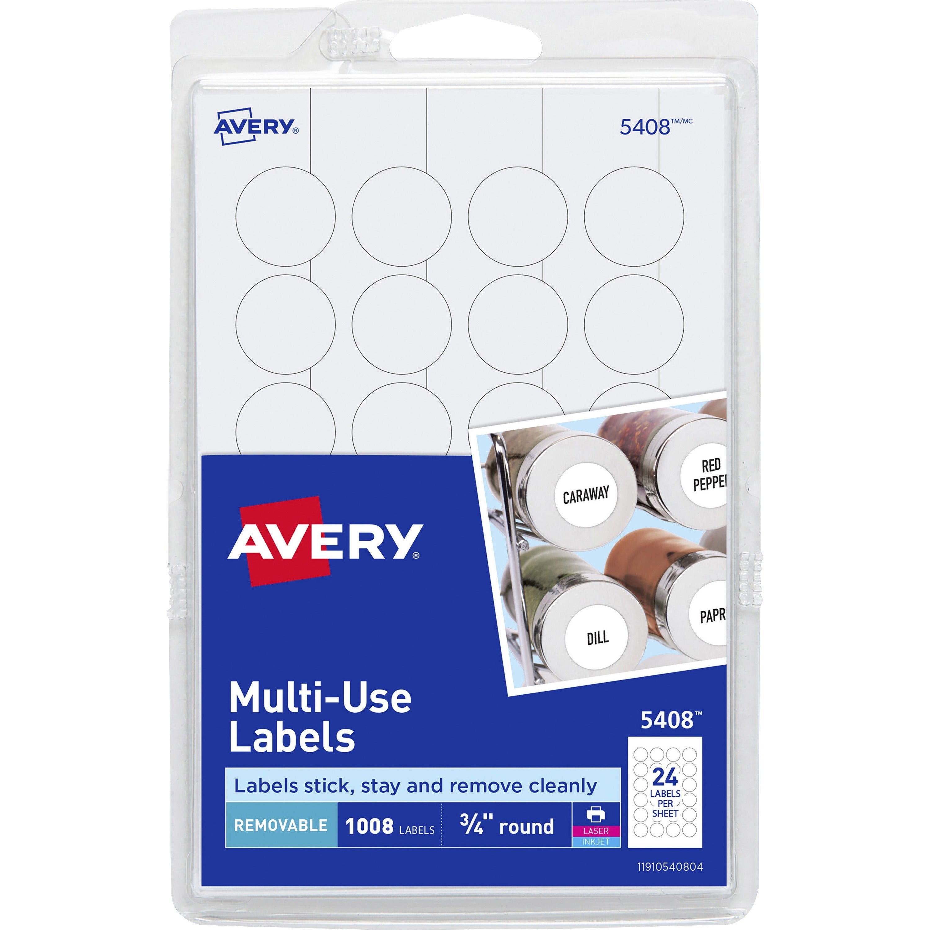 Avery®  Removable ID Labels - 3/4" Diameter - Removable Adhesive - Circle - Laser, Inkjet - White - Self-adhesive - 1008 / Pack