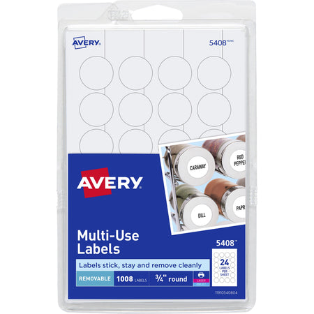 Avery®  Removable ID Labels - 3/4" Diameter - Removable Adhesive - Circle - Laser, Inkjet - White - Self-adhesive - 1008 / Pack