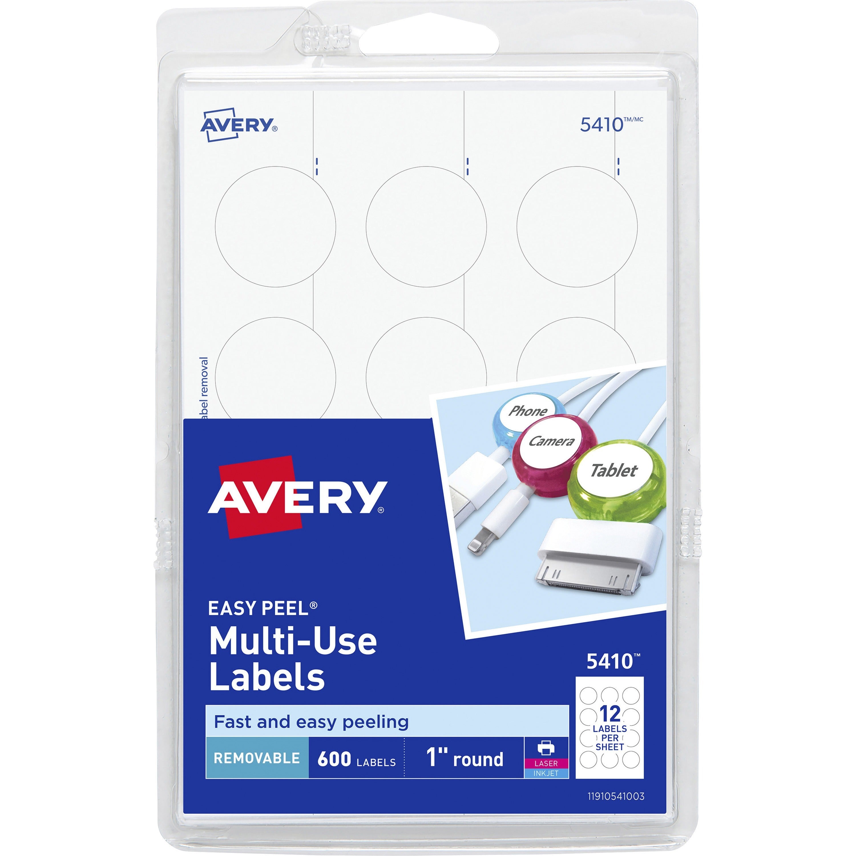 Avery®  Removable ID Labels - 1" Diameter - Removable Adhesive - Circle - Inkjet, Laser - White - Self-adhesive - 600 / Pack