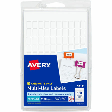 Avery®  Removable ID Labels - 5/16" Width x 1/2" Length - Removable Adhesive - Rectangle - White - Paper - Self-adhesive - 1100 / Pack