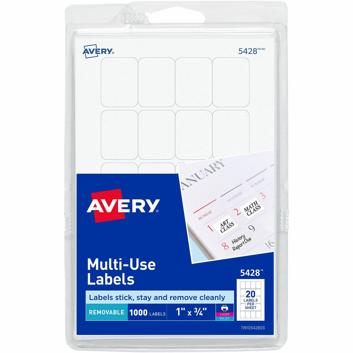 Avery®  Removable ID Labels - 1" Width x 3/4" Length - Removable Adhesive - Rectangle - Laser, Inkjet - White - Self-adhesive - 1000 / Pack