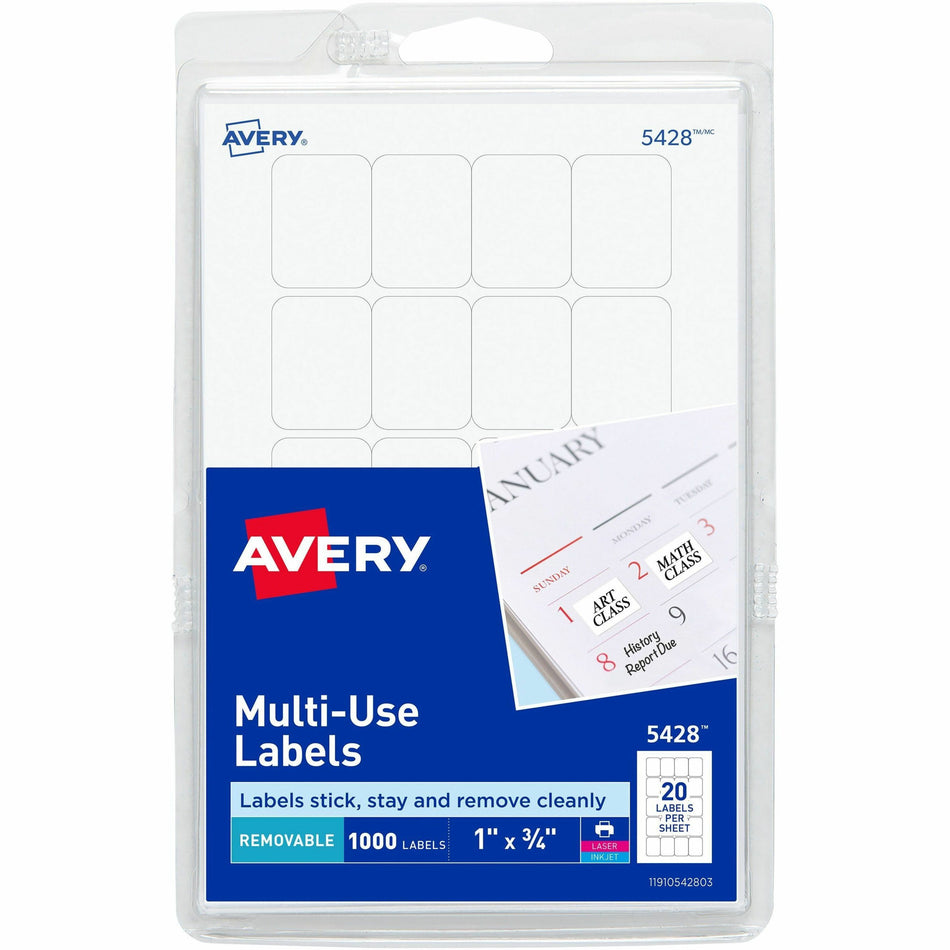 Avery®  Removable ID Labels - 1" Width x 3/4" Length - Removable Adhesive - Rectangle - Laser, Inkjet - White - Self-adhesive - 1000 / Pack
