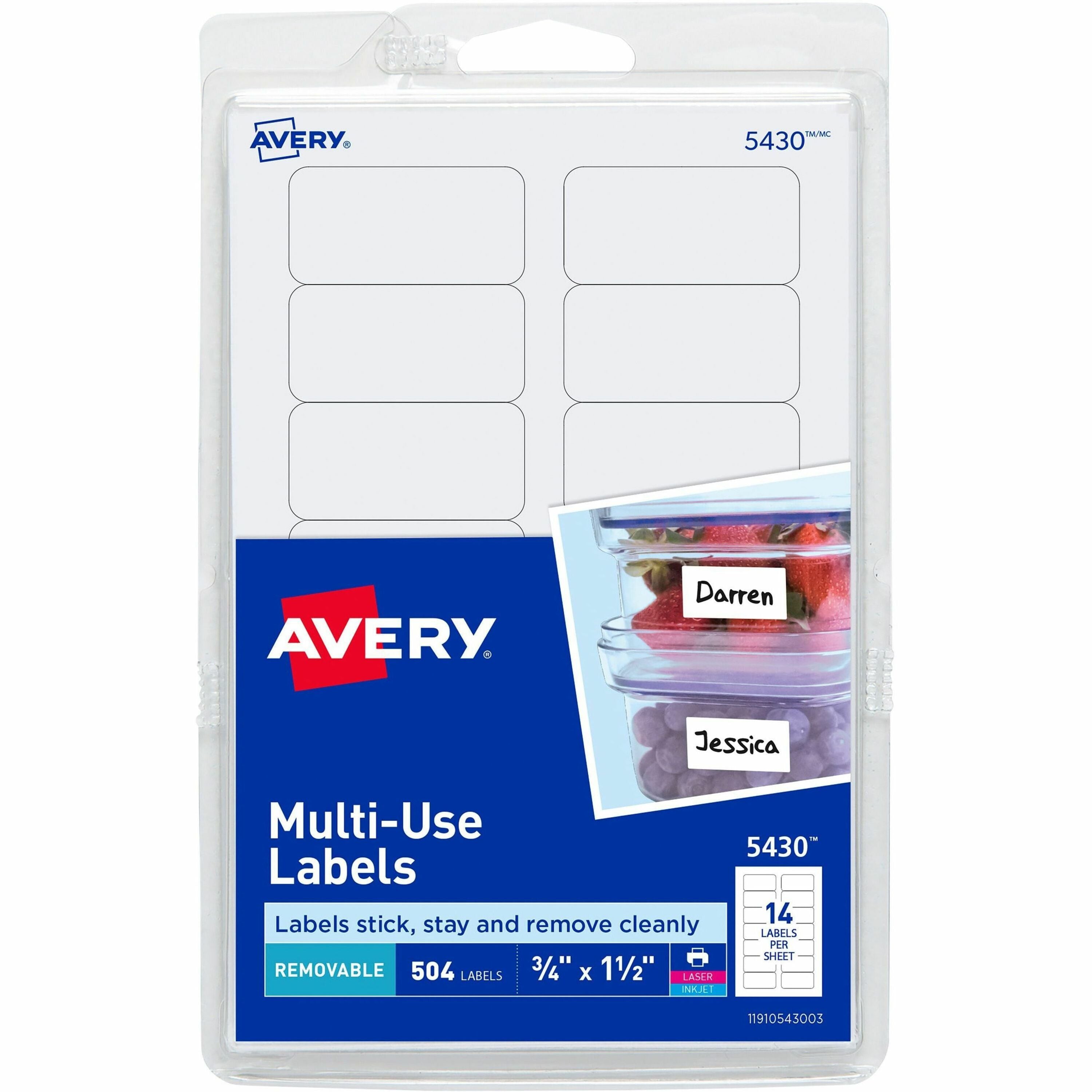 Avery®  Removable ID Labels - 1 1/2" Width x 3/4" Length - Removable Adhesive - Rectangle - Laser, Inkjet - White - Self-adhesive - 504 / Pack