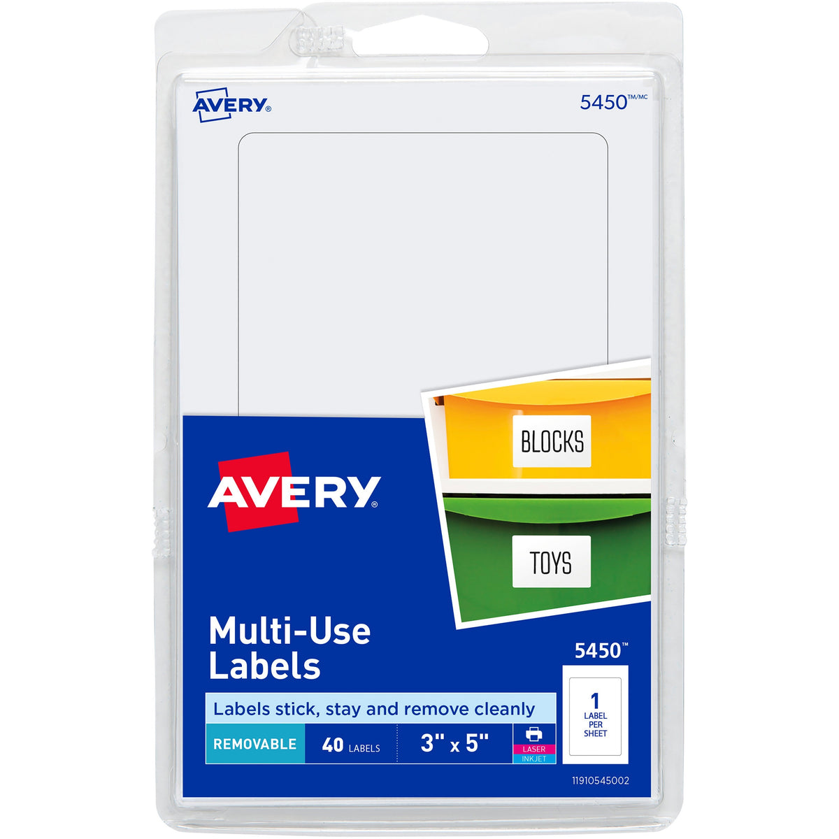 Avery®  Removable ID Labels - 5" Width x 3" Length - Removable Adhesive - Rectangle - Laser, Inkjet - White - Self-adhesive - 40 / Pack