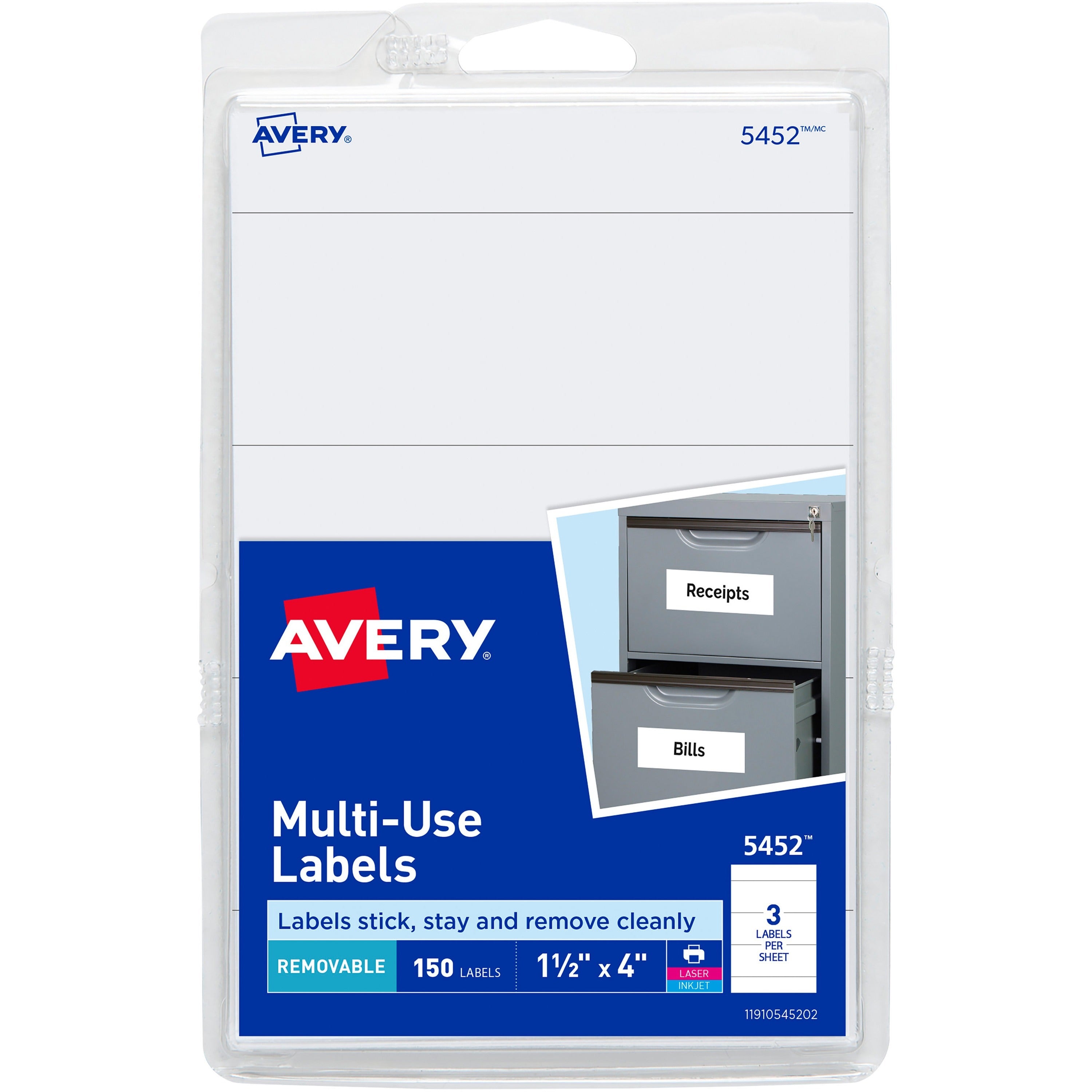 Avery®  Removable ID Labels - 4" Width x 1 1/2" Length - Removable Adhesive - Rectangle - Laser, Inkjet - White - Self-adhesive - 150 / Pack