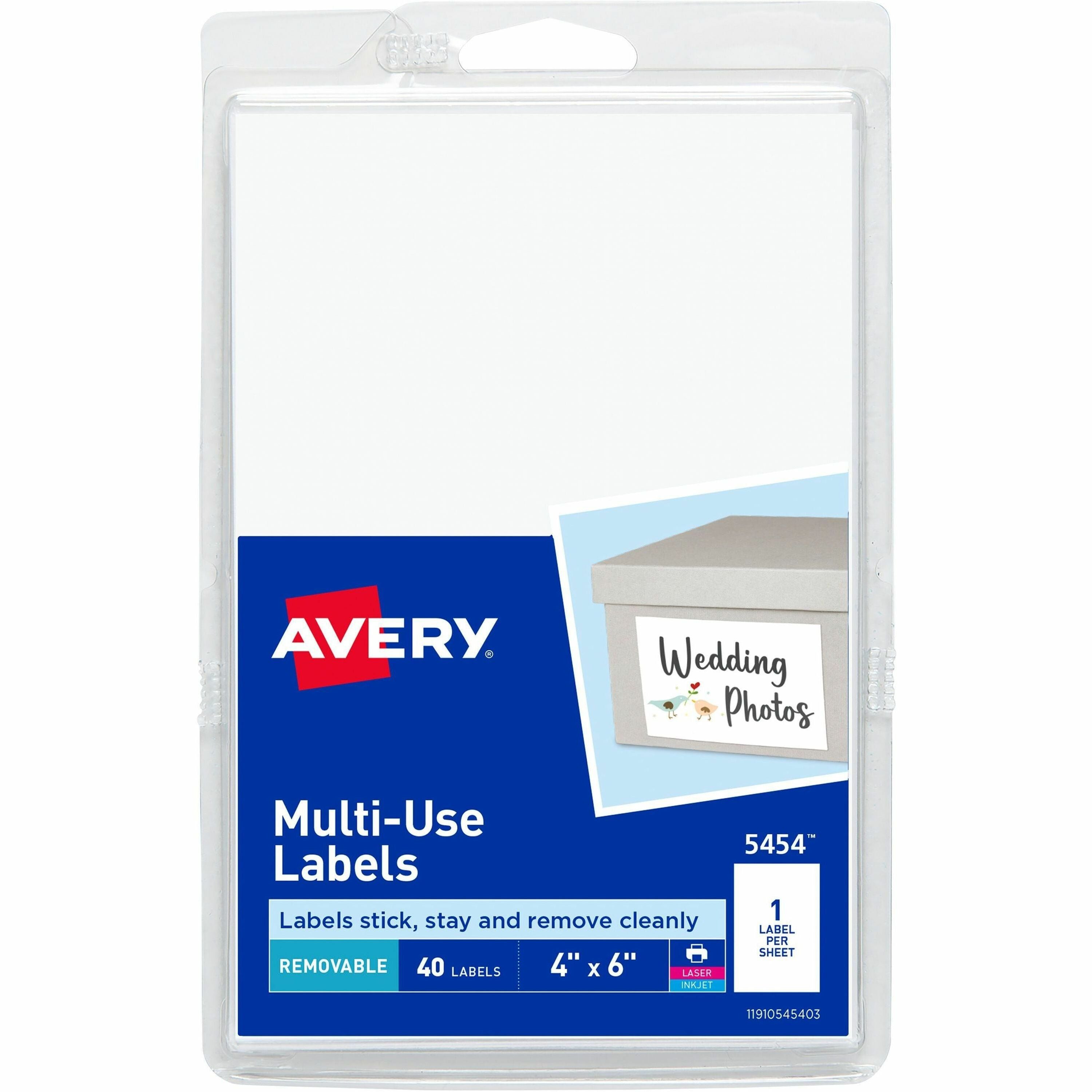 Avery®  Removable ID Labels - 6" Width x 4" Length - Removable Adhesive - Rectangle - Laser, Inkjet - White - Self-adhesive - 40 / Pack